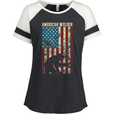 Welding Patriotic Distressed USA American Flag Gift Welder Enza Ladies Jersey Colorblock Tee