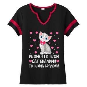 Womens Promoted From Cat Grandma To Human Grandma Funny Cat Ladies Halftime Notch Neck Tee