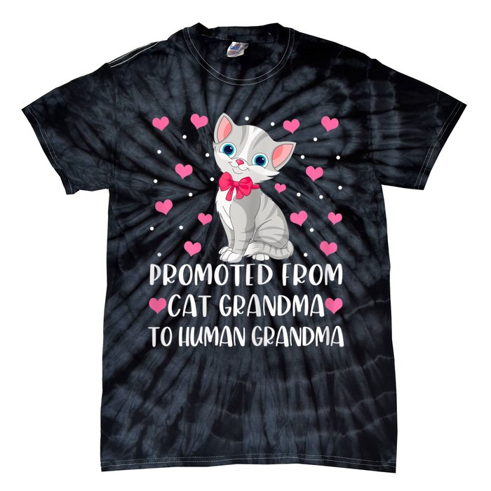 Womens Promoted From Cat Grandma To Human Grandma Funny Cat Tie-Dye T-Shirt