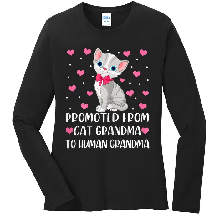 Womens Promoted From Cat Grandma To Human Grandma Funny Cat Ladies Long Sleeve Shirt