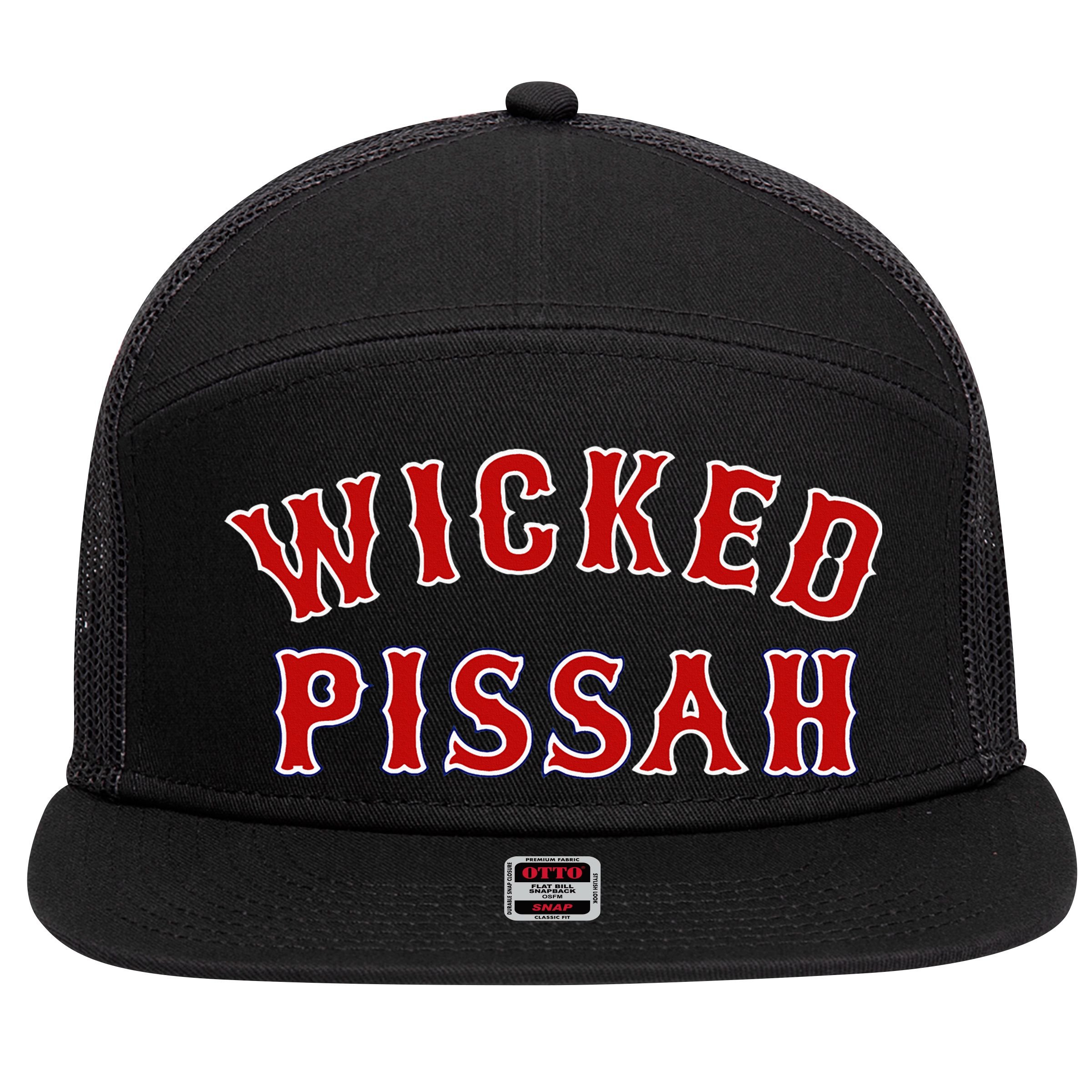 Wicked Pissah Funny Pisser Boston New England Southie Gift 7 Panel Mesh Trucker Snapback Hat