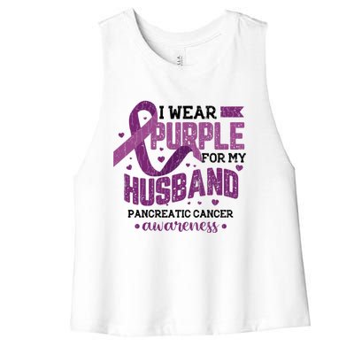 Wear Purple For Husband Pancreatic Cancer Awareness Graphic Great Gift Women's Racerback Cropped Tank