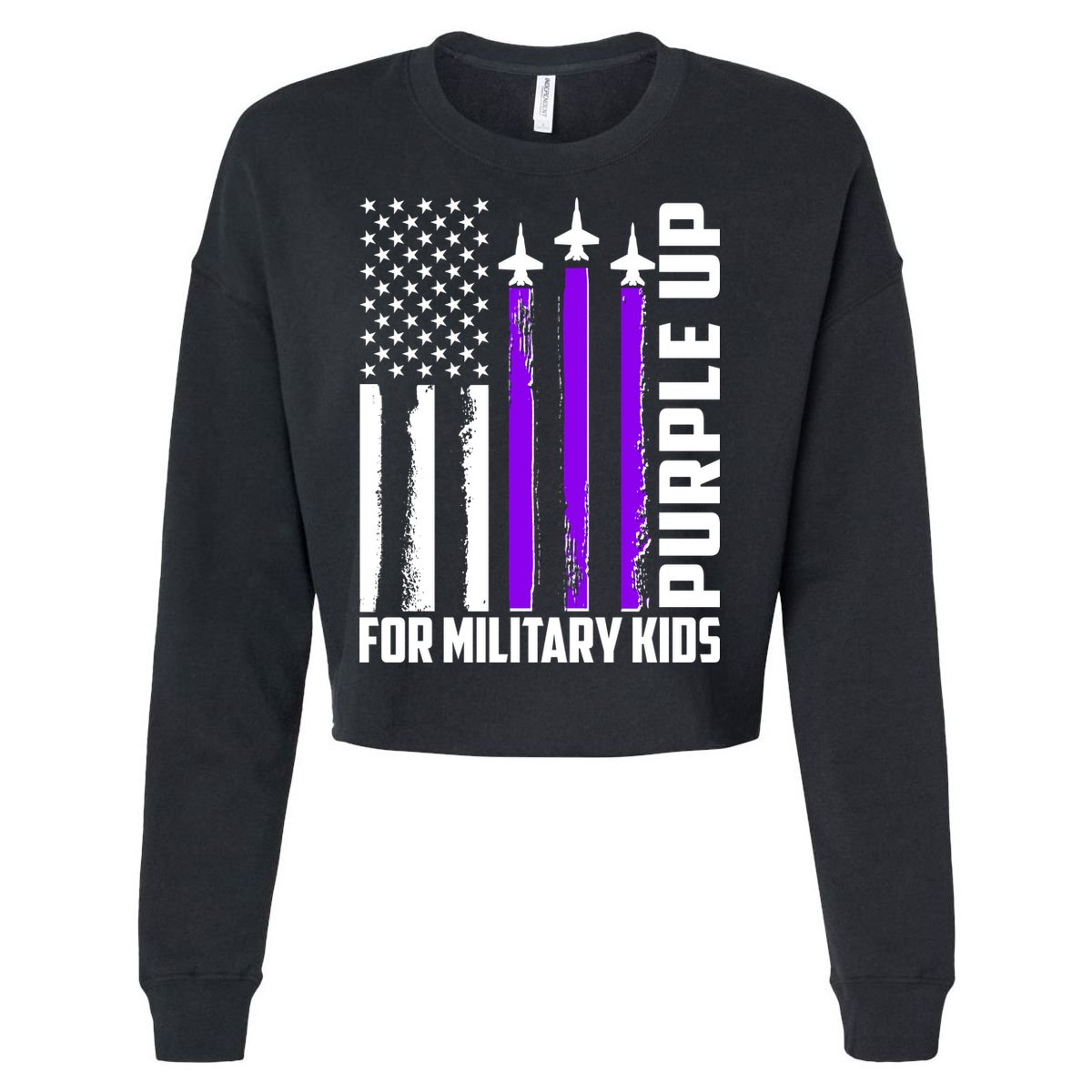 Wear Purple For Military Family Kids USA Flag Cropped Pullover Crew