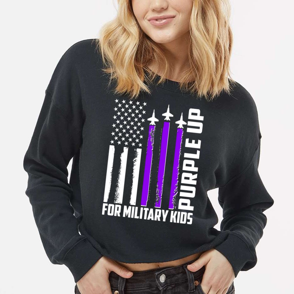 Wear Purple For Military Family Kids USA Flag Cropped Pullover Crew