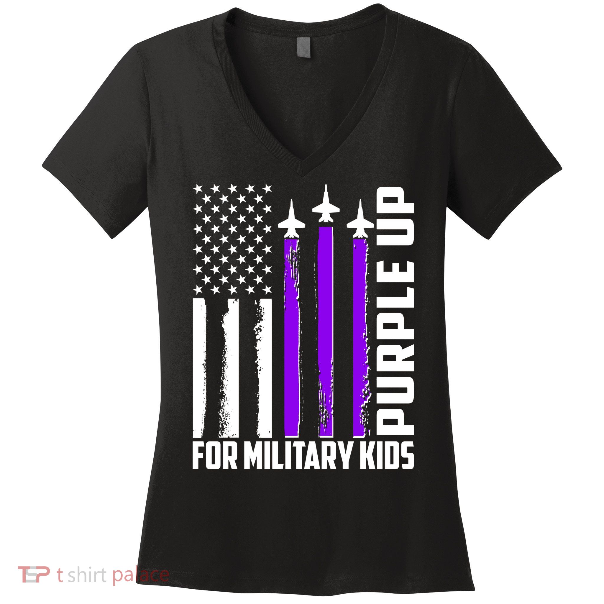 Wear Purple For Military Family Kids USA Flag Women's V-Neck T-Shirt