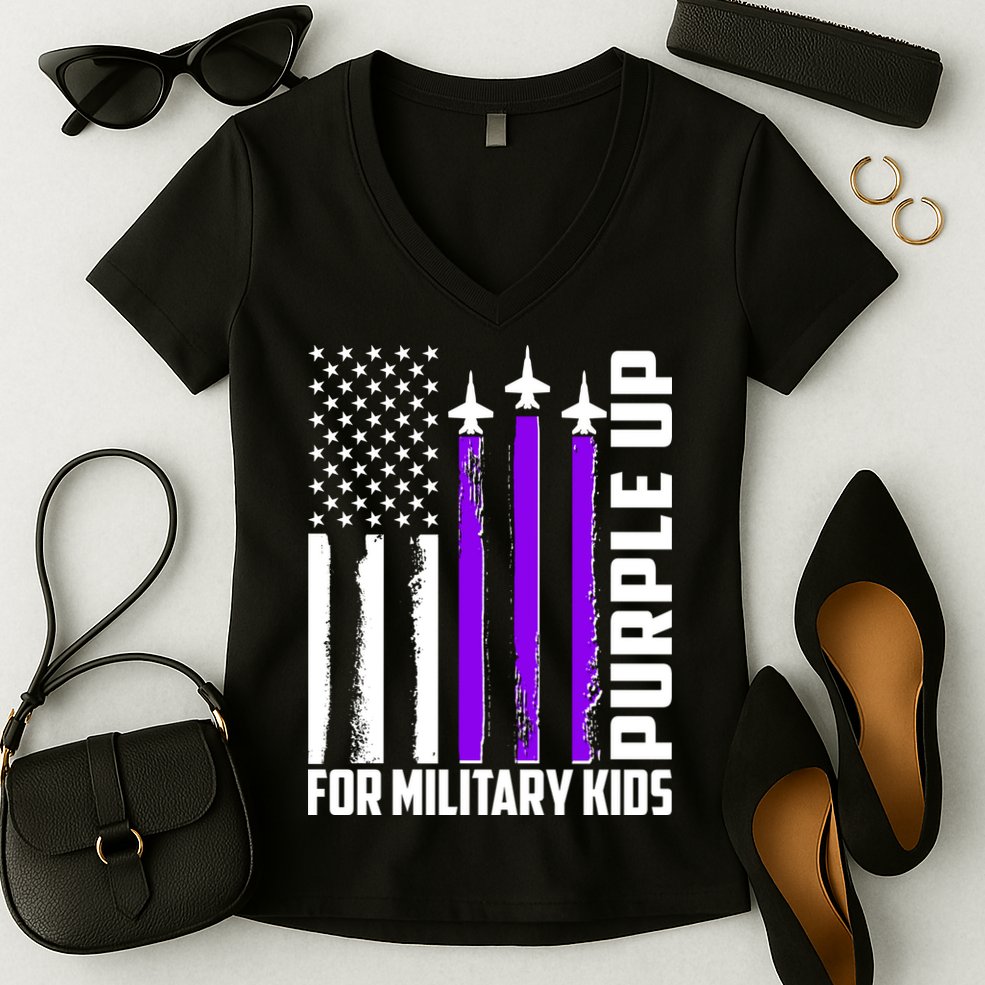 Wear Purple For Military Family Kids USA Flag Women's V-Neck T-Shirt