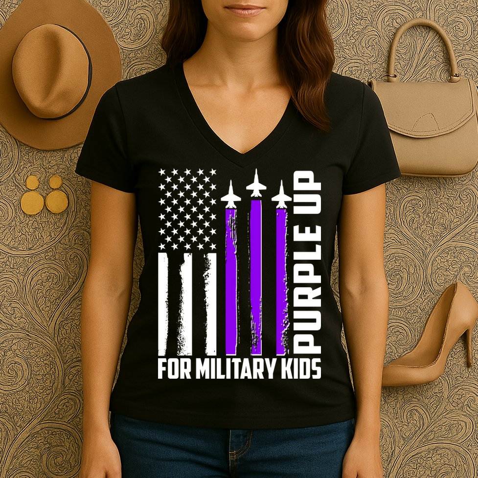 Wear Purple For Military Family Kids USA Flag Women's V-Neck T-Shirt