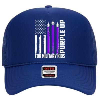 Wear Purple For Military Family Kids USA Flag High Crown Mesh Back Trucker Hat