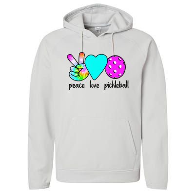 Womans Pickleballer Gift Peace Love Pickleball Tie Dye Performance Fleece Hoodie