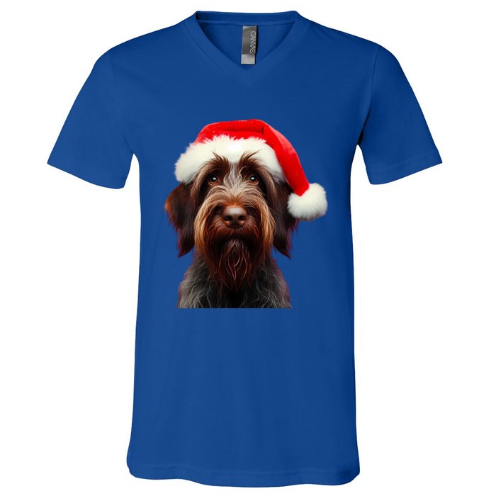 Wirehaired Pointing Griffon With Santa Hat Christmas Dog Mom Gift V-Neck T-Shirt