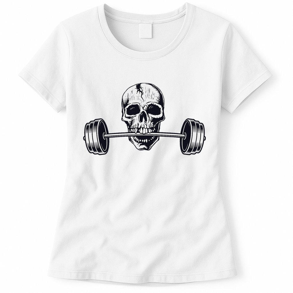 Weightlifting  Powerlifting Heavy Barbell Skull Womens T-Shirt