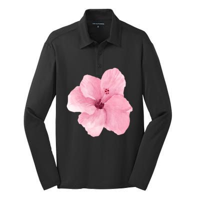 Watercolor Pink Hibiscus Mother's Day Floral Flower Design Gift Silk Touch Performance Long Sleeve Polo