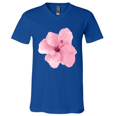 Watercolor Pink Hibiscus Mother's Day Floral Flower Design Gift V-Neck T-Shirt