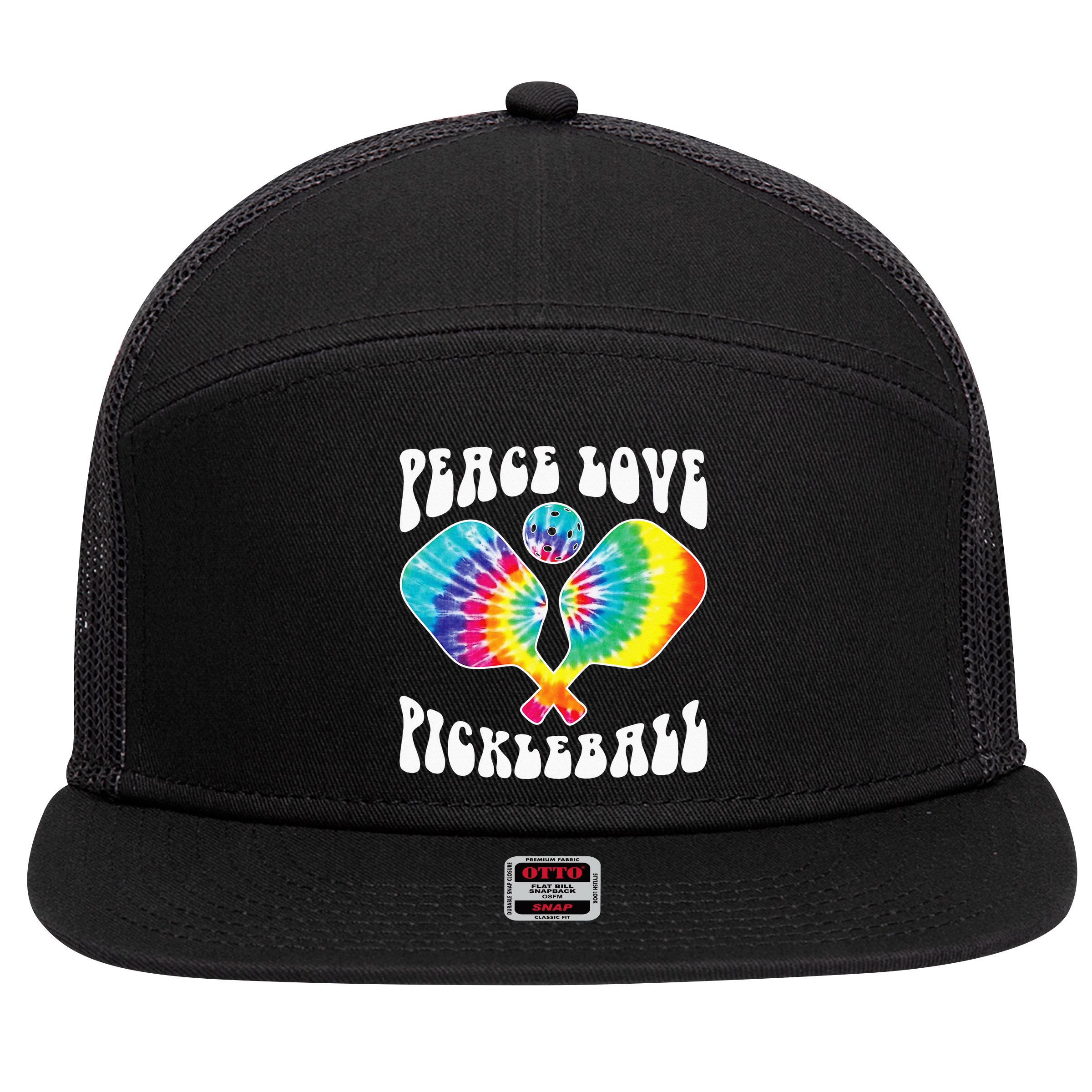 Wo Peace Love Pickleball Funny Pickleball Player 7 Panel Mesh Trucker Snapback Hat
