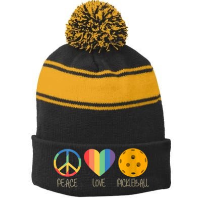 Womens Peace Love Pickleball Stripe Pom Pom Beanie