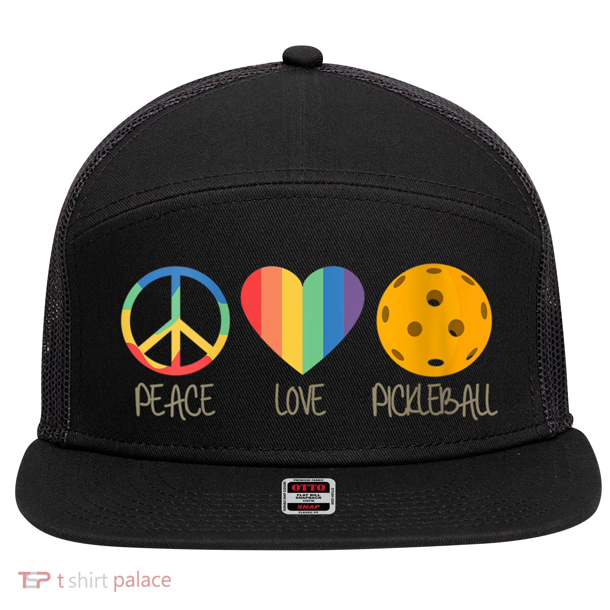 Womens Peace Love Pickleball 7 Panel Mesh Trucker Snapback Hat