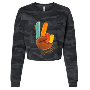 Womens Peace Love Turkey Grateful Turkey Hand Sign Thanksgiving Cropped Pullover Crew