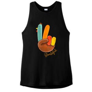 Womens Peace Love Turkey Grateful Turkey Hand Sign Thanksgiving Ladies PosiCharge Tri-Blend Wicking Tank