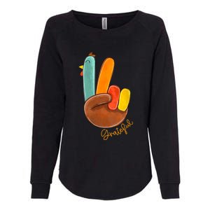 Womens Peace Love Turkey Grateful Turkey Hand Sign Thanksgiving Womens California Wash Sweatshirt