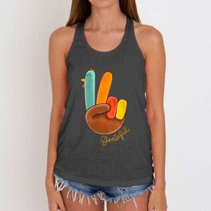 Womens Peace Love Turkey Grateful Turkey Hand Sign Thanksgiving Women's Knotted Racerback Tank