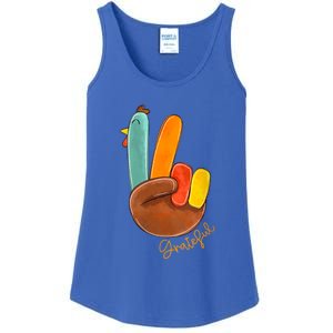 Womens Peace Love Turkey Grateful Turkey Hand Sign Thanksgiving Ladies Essential Tank