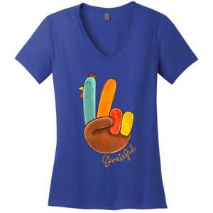 Womens Peace Love Turkey Grateful Turkey Hand Sign Thanksgiving Women's V-Neck T-Shirt