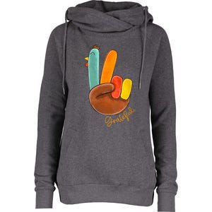 Womens Peace Love Turkey Grateful Turkey Hand Sign Thanksgiving Womens Funnel Neck Pullover Hood