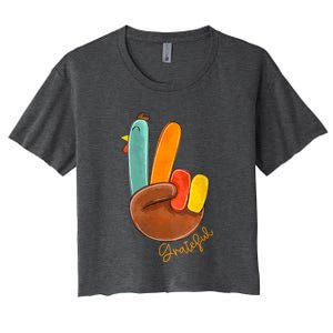 Womens Peace Love Turkey Grateful Turkey Hand Sign Thanksgiving Women's Crop Top Tee