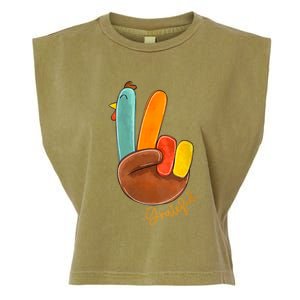 Womens Peace Love Turkey Grateful Turkey Hand Sign Thanksgiving Garment-Dyed Women's Muscle Tee