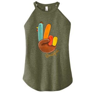 Womens Peace Love Turkey Grateful Turkey Hand Sign Thanksgiving Women's Perfect Tri Rocker Tank