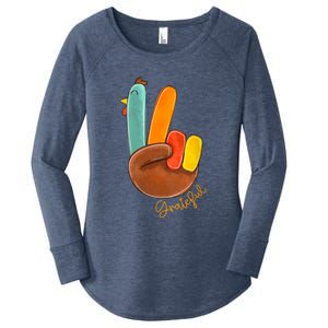 Womens Peace Love Turkey Grateful Turkey Hand Sign Thanksgiving Women's Perfect Tri Tunic Long Sleeve Shirt