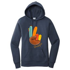 Womens Peace Love Turkey Grateful Turkey Hand Sign Thanksgiving Women's Pullover Hoodie