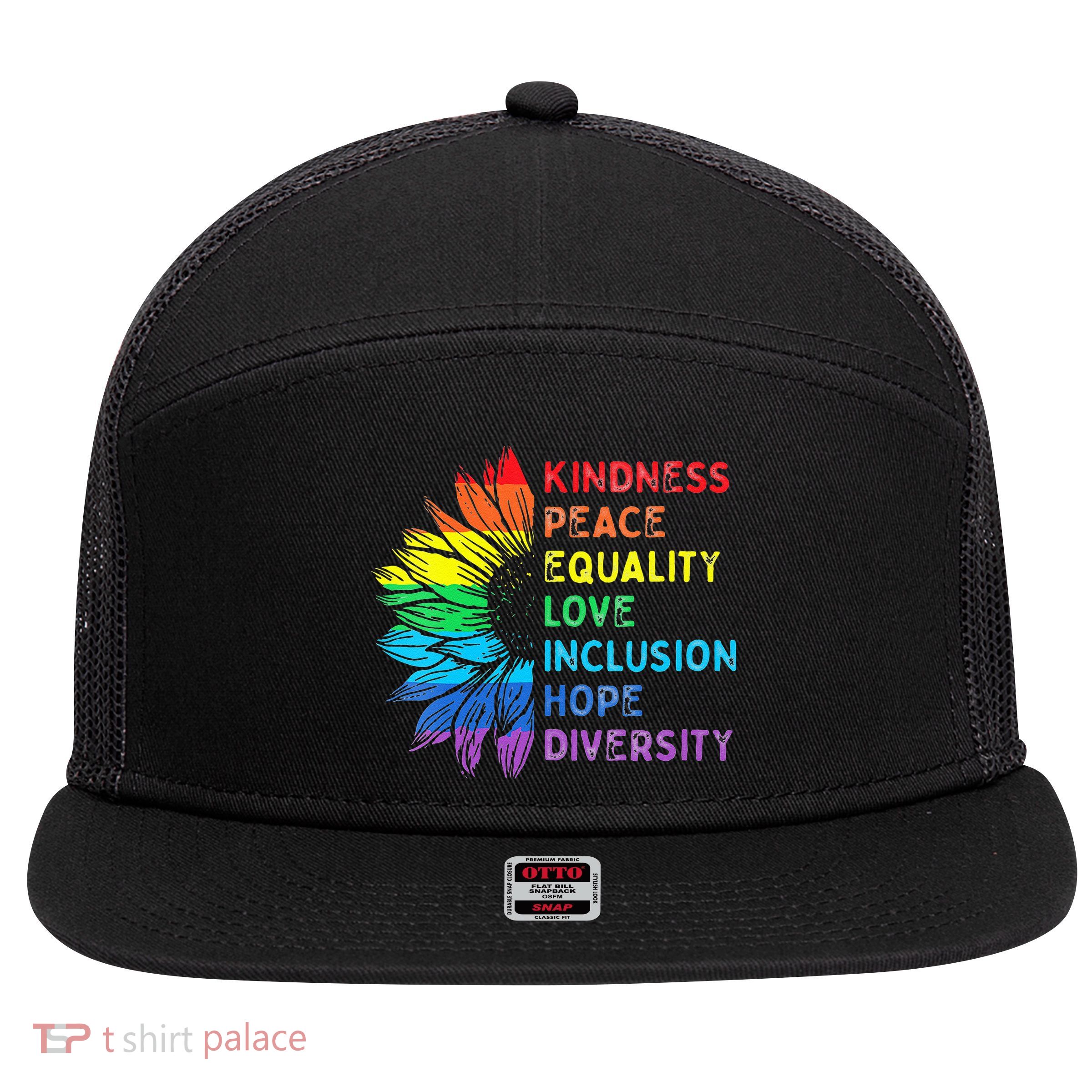 Womens Peace Love Diversity Inclusion Equality Human Rights Rainbow 7 Panel Mesh Trucker Snapback Hat
