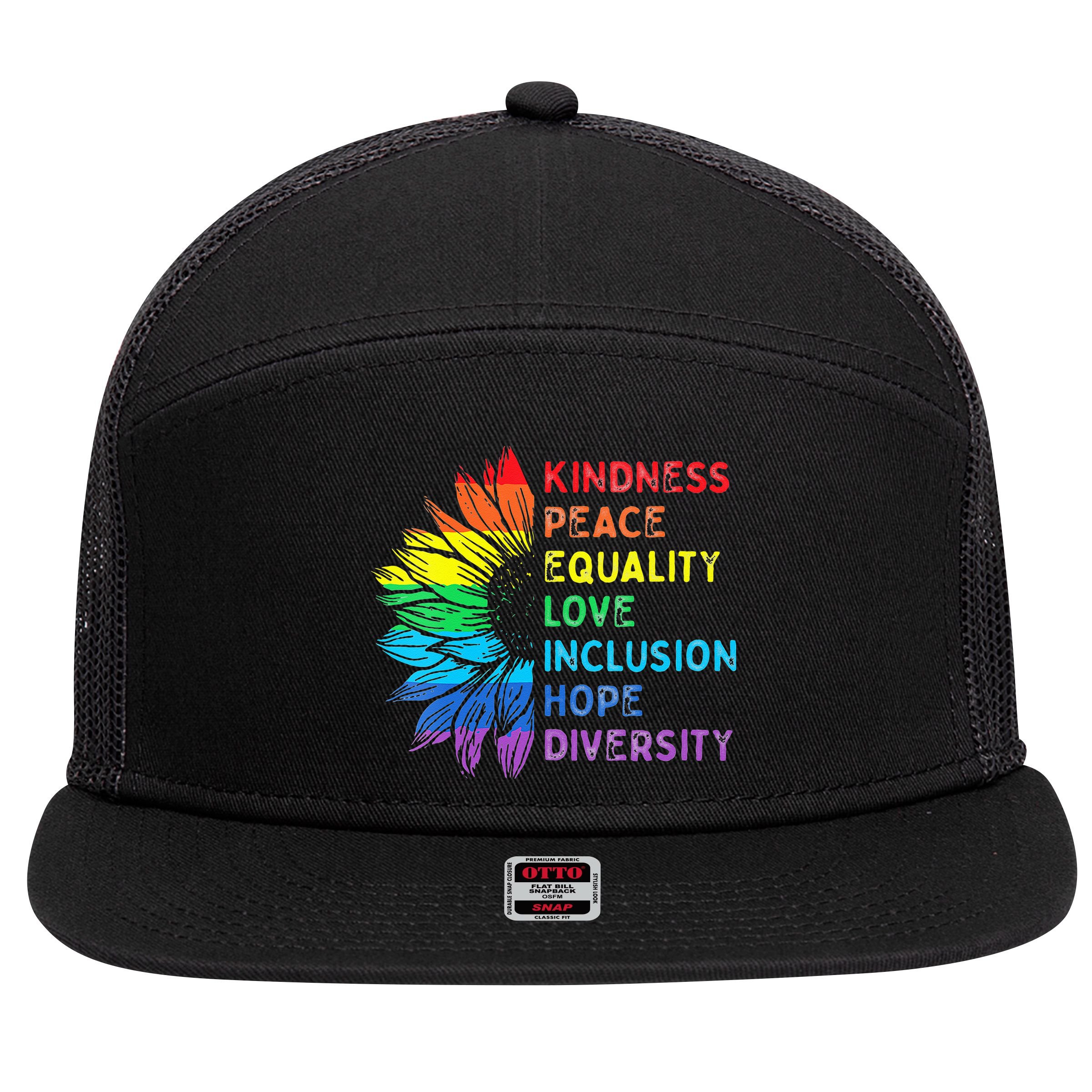 Womens Peace Love Diversity Inclusion Equality Human Rights Rainbow 7 Panel Mesh Trucker Snapback Hat