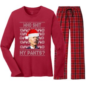 Who Pooped My Pants? Funny Biden Ugly Christmas Women's Long Sleeve Flannel Pajama Set 