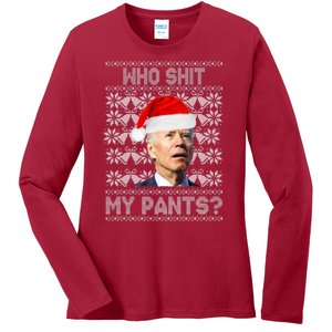 Who Pooped My Pants? Funny Biden Ugly Christmas Ladies Long Sleeve Shirt