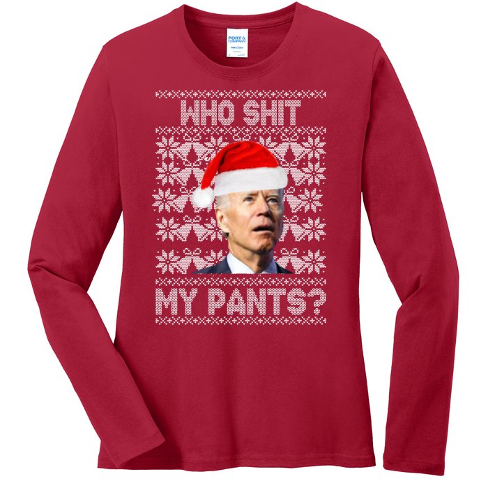 Who Pooped My Pants? Funny Biden Ugly Christmas Ladies Long Sleeve Shirt