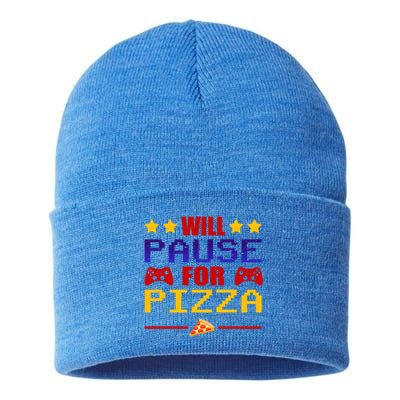 Will Pause My Game For Pizza Funny Gaming Gift Cool Gift Sustainable Knit Beanie