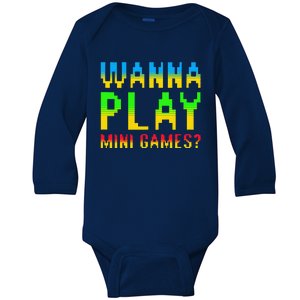 Wanna Play Mini Games Retro Arcade Gamer Meme Monkey Baby Long Sleeve Bodysuit