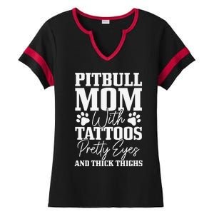 Womens Pitbull Mom With Tattoos Pretty Eyes Thick Thighs Dog Funny Ladies Halftime Notch Neck Tee