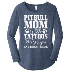 Womens Pitbull Mom With Tattoos Pretty Eyes Thick Thighs Dog Funny Women's Perfect Tri Tunic Long Sleeve Shirt