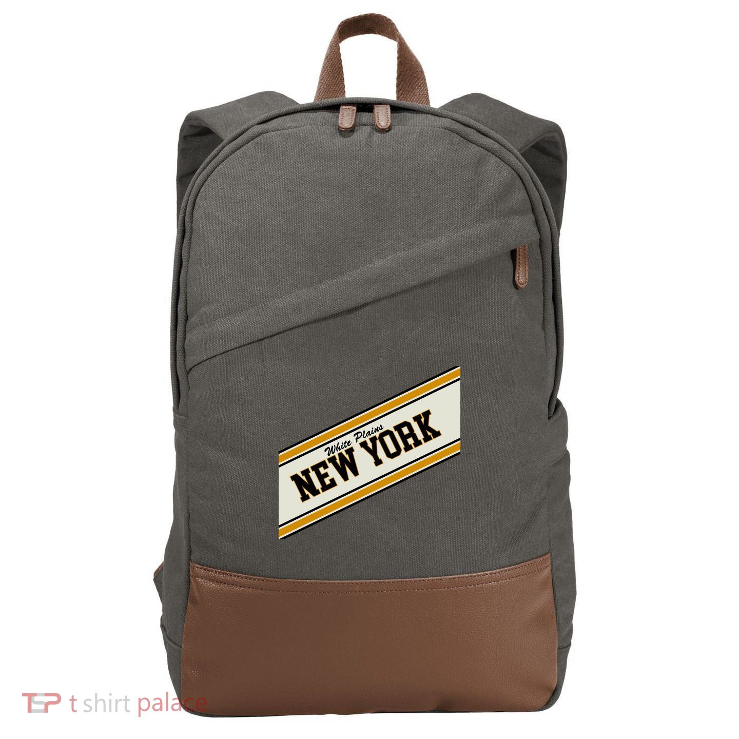 White Plains New York Varsity Logo Cotton Canvas Backpack