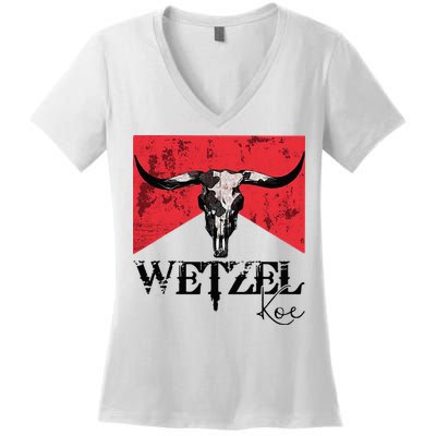Wetzel Personalized Name Western Country Music Bull Skull Women's V-Neck T-Shirt