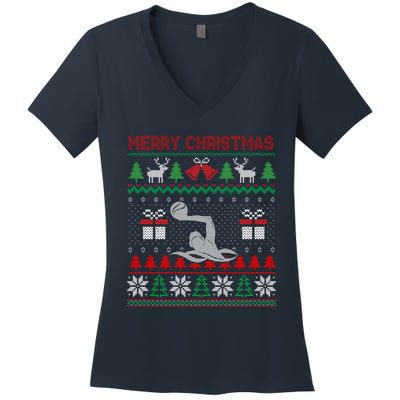 Water Polo Player Santa Tree Xmas Gift Women's V-Neck T-Shirt