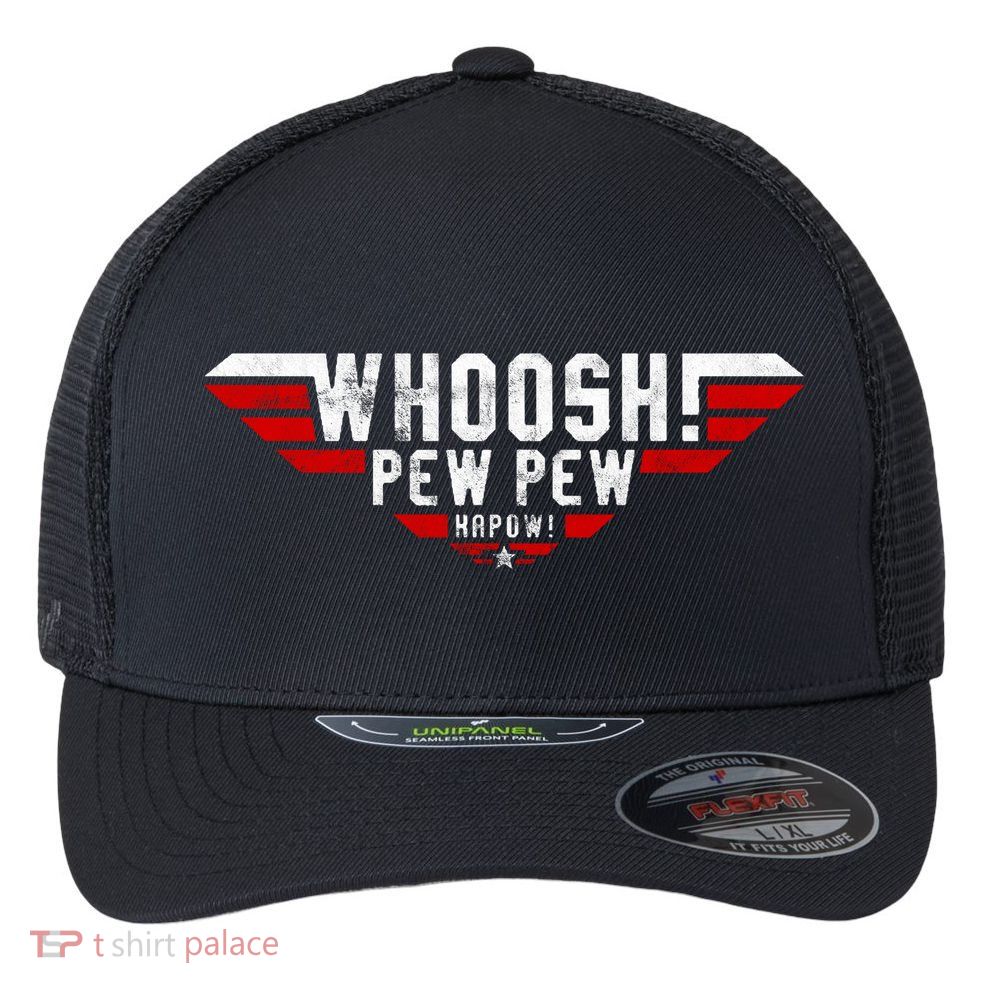 Whoosh! Pew Pew Funny Logo Flexfit Unipanel Trucker Cap