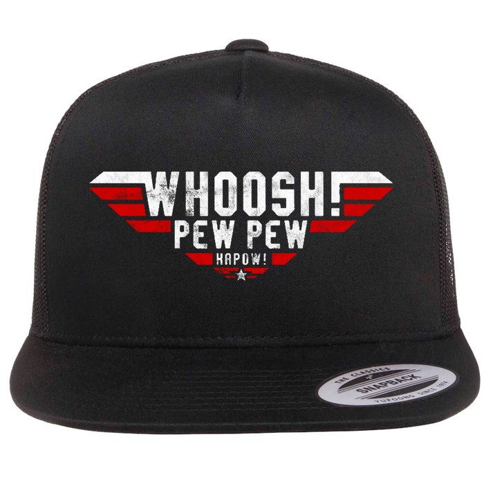 Whoosh! Pew Pew Funny Logo Flat Bill Trucker Hat