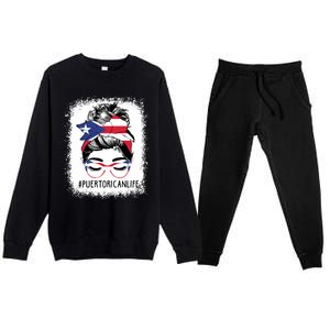 Wo's #Puerto Rican Life Messy Bun Hair Puerto Rico Flag Cute Gift Premium Crewneck Sweatsuit Set