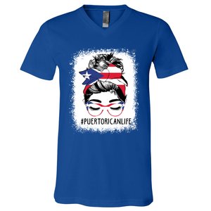 Wo's #Puerto Rican Life Messy Bun Hair Puerto Rico Flag Cute Gift V-Neck T-Shirt