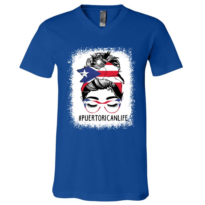 Wo's #Puerto Rican Life Messy Bun Hair Puerto Rico Flag Gift V-Neck T-Shirt