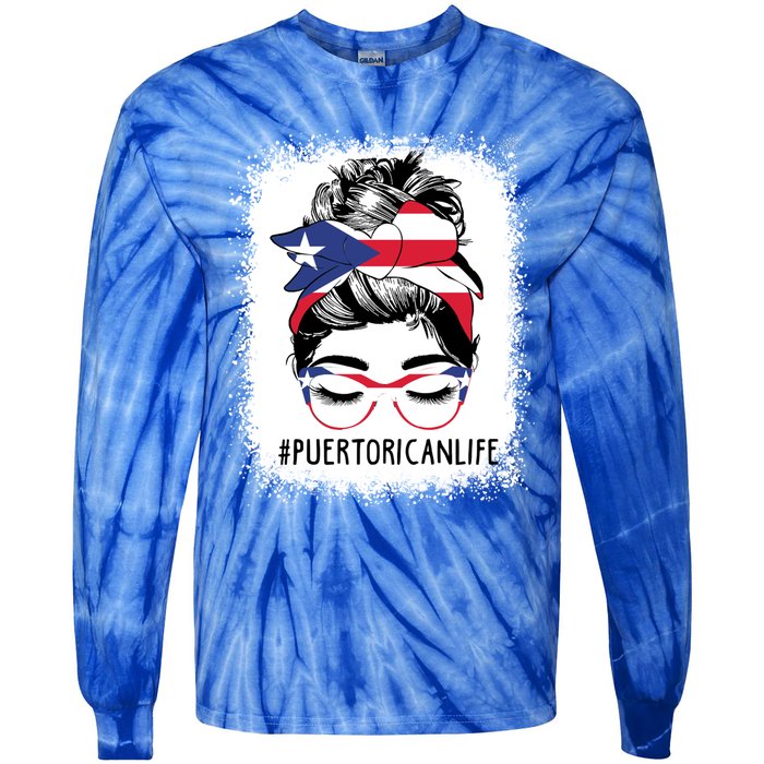 Wo's #Puerto Rican Life Messy Bun Hair Puerto Rico Flag Gift Tie-Dye Long Sleeve Shirt